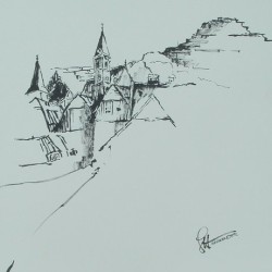 Blick a. Eisenerz / Tuschezeichnung 40x40