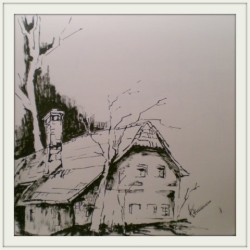 Altes Haus im Mühlviertel - Tuschezeichnung / 40x40